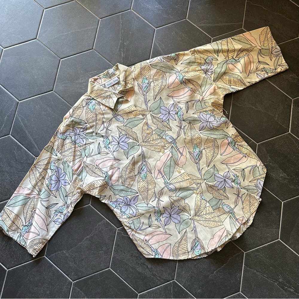 VTG 80s Retro Pastel Tropical Leaf & Bird Print Button Front Shirt